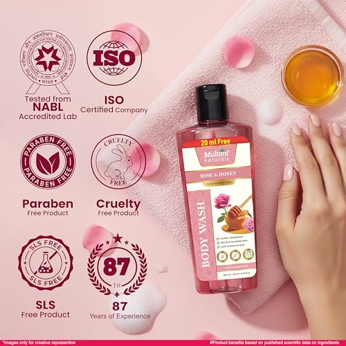 Image of Multani Naturals Rose & Honey Body Wash 270ml | Ayurvedic Herbal Body Cleanser with Rose, Aloe Vera & Neem | Soothing, Anti-Inflammatory | Paraben & Sulphate Free | For Men & Women | All Skin Types
