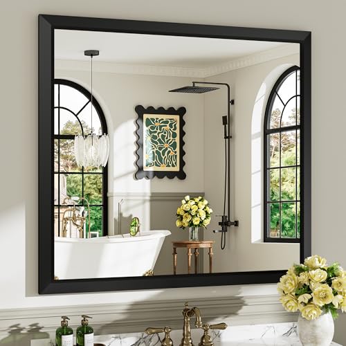 Image of 40x38 Inch Black Bathroom Mirror for Wall, Beveled Framed Rectangle Bathroom Vanity Mirrors for Over Sink, Bedroom, Living Room, Entryway, Anti-Rust, HD Tempered Glass, Horizontally /Vertically