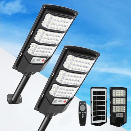 500W Lampione Solare Led Esterno 2 pezzi,IP66 Impermeabile Faretto Stradale con Sensore di Movimento,6500K Lampioni da Giardino Esterno Solari per Garage Strada