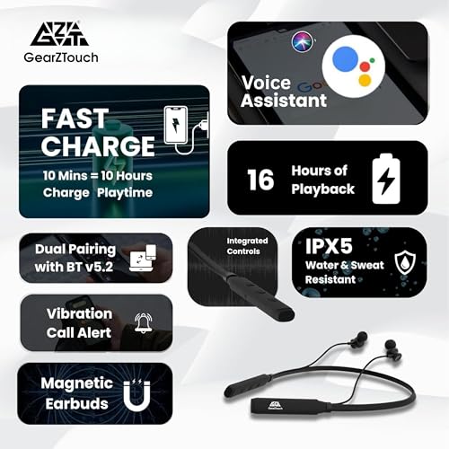 Image of B'O'O'M Bluetooth Neckband Earphones with 35H Playtime, BT 5.3, Passive Noise Cancellation, HD Mic, IPX5 Sweatproof- Black