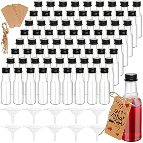 72 Pack Mini Liquor Bottles, Empty Plastic Spirit Bottles with Black Cap,1oz/30ml Mini Alcohol Bottles with 10 Funnels, 72 Tag and Ropes, Miniature Bottles for Weddings,Party Favors Cover