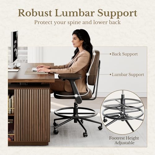 Image of Drafting Executive Chair, Tall Office Chair with Padded Flip-Up Armrests, Mid-Back Cushioned Seat, 360 Swivel Rolling Computer Desk Chair for Standing Desk & Home Office, Vintage Brown