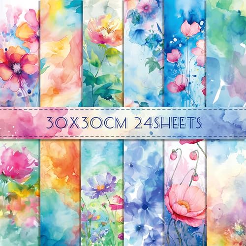 Image of 12×12 Vintage Floral Scrapbook Paper Watercolor Flower Pattern Paper,24 Sheets Double-Sided CardStock Papers Pad for Holiday Cardmaking Journaling DIY Origami Decorative Craft Papers.