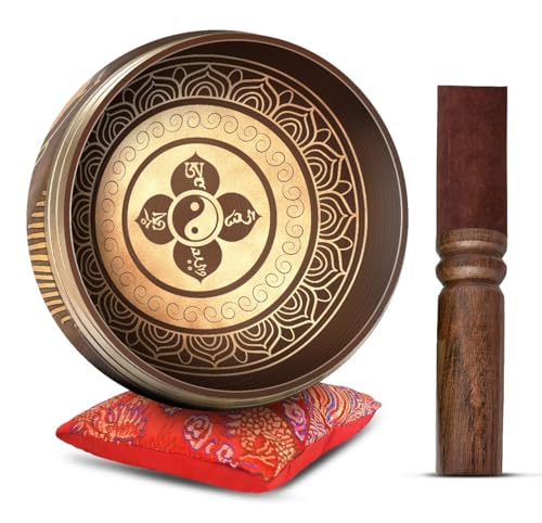 Image of Tibetan Singing Bowl Set - Easy To Play Authentic Handcrafted For Meditation Sound Chakra Yoga Healing 4 Inches By Himalayan Bazaar (Brown and Maroon)