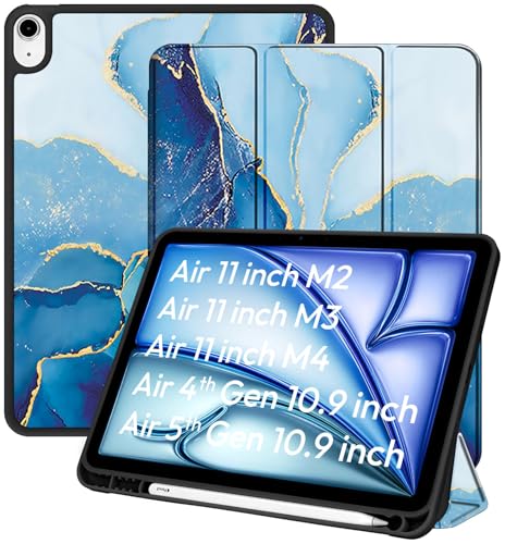 Image of Robustrion Case Cover for iPad Air 11 inch Cover M4 / M3 / M2 / iPad Air 5th Generation Cover /iPad Air 4th Generation with [Pencil Holder] for iPad Air 11 inch M4 M3 M2 /Air 4 5 10.9 inch - Marble Blue
