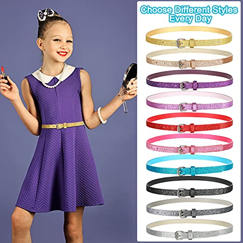 Satinior 10 Pieces Pu Leather Glitter Belts Cute Shiny Pu Leather Belts Girls Dress Belts Colorful Skinny Kids Belts For Girls (Small), Multicolor #TOP2