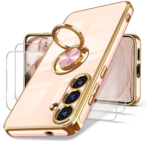 Dretal for Samsung Galaxy S25 FE 5G Case, Screen Protector, 360° Rotatable Ring Holder Magnetic Kickstand,Plated Gold Edge Slim Soft TPU Protective Phone Case Cover for Galaxy S25 FE (Pink)