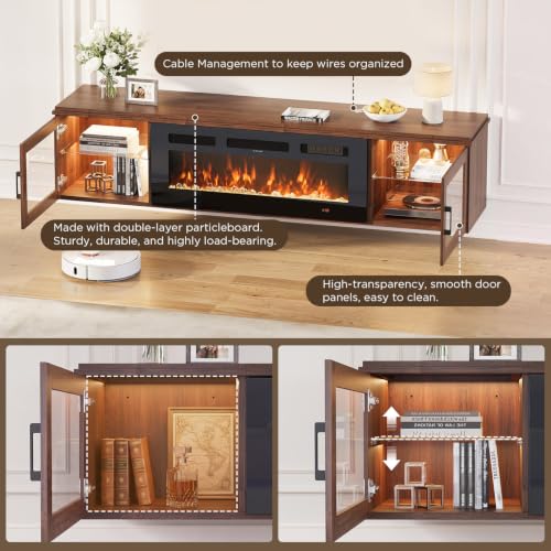 Image of 70 inch Floating TV Stand with Fireplace, High Gloss Finish Wall Mounted Fireplace Entertainment Center with Storage for TVs Up to 80 inch, Brown