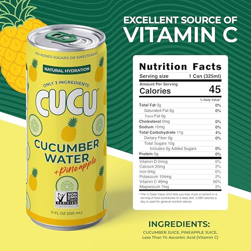 Image of CUCU Pressed Cucumber + Pineapple Water - Real Juice from Fresh Cucumbers and Pineapple with Vitamin C, Electrolytes & Antioxidants - No Sugar Added, Non-GMO - 11 fl oz Cans, 12 Pack