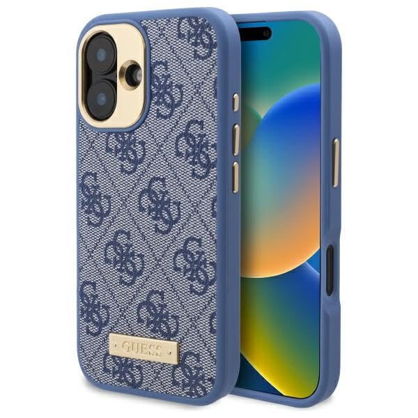 CG Mobile Guess GUHMP16SU4GPRB Coque Rigide pour iPhone 16 6,1" Bleu Plaque Logo 4G
