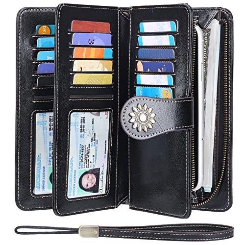 Lavemi Womens Large Capacity Genuine Leather RFID Blocking Wallets Wristlet Clutch Card Holder