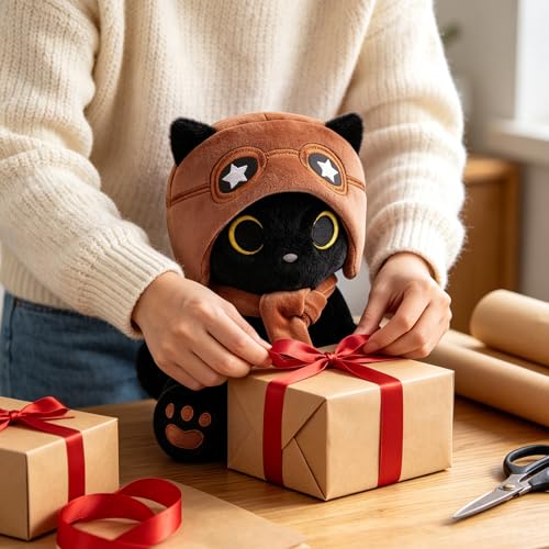 Image of Cat Plush Toy - Black Cat with Removable Aviator Hat, 8 inch Cute Stuffed Animal Pilot Gifts for Kids & Adults, Soft Aviator Kitten Toy Birthday Gift for Boys,Girls