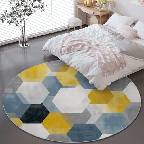 90 cm Alfombras Redondas para Sala de Estar, Moderno Geométrico Líneas Bloques De Color Estampada Alfombra Redonda Lavable Gris Amarillo - Pelo Corto Suave Franela Alfombras para Dormitorio Comedor
