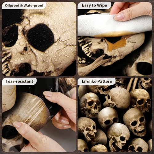 Image of Kochorie 100 Ft x 54 Inch Halloween Graveyard Skeleton Tablecloth Roll with Cutter Box Waterproof Plastic Horror Theme Catacombs Skull Photography Backdrop for Halloween Spooky Party Decor