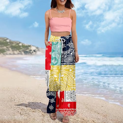 Summer Pants for Women 2025 Wide Leg High Waist Drawstring Culottes with Pockets Palazzo Pants Casual Beach Vacation Clothes4