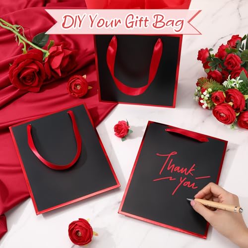 Image of Yeaqee 24 Pack Metallic Paper Gift Bags, Black, Dark Red | with Satin Ribbon Handle and Tissue, 9x7x3.1 Inch, Suit Business, Birthday, Christmas, Thank You Return Gifts Bags