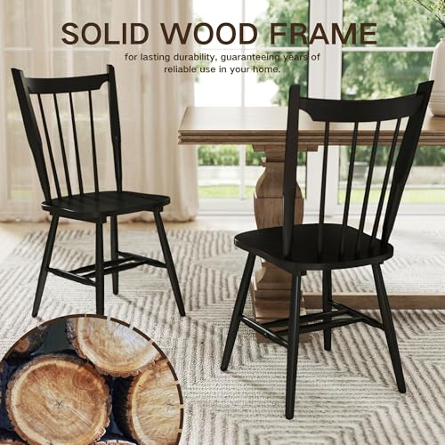 Black Wooden Dining Chairs Set of 2, Windsor Dining Chairs with Spindle High Back & Solid Wood Legs, Farmhouse Vintage Kitchen Chair for Dining Room/Restaurant, Armless