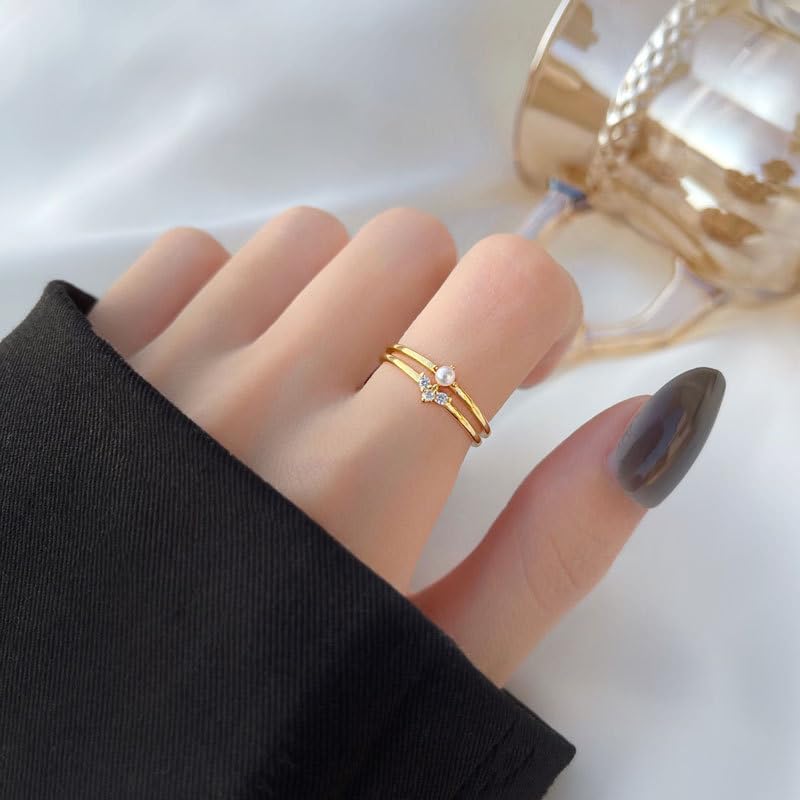 Cubic Zirconia Rings For Women, Pearl Ring Trendy Crown Shape Copper Non Tarnish Stackable Engagement Statement Birthday Open Adjustable Jewelry Gift2