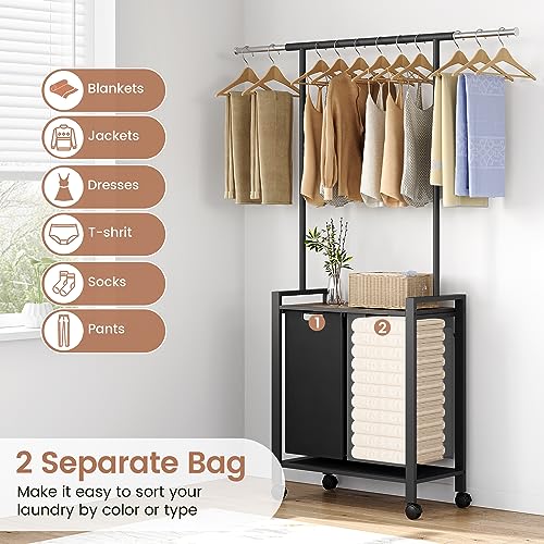 Laundry Sorter 2 Section Laundry Hamper Sorter with Clothes Hanging Rod and Wooden Storage Shelf 2 X 13gal Laundry Basket Organizer for Laundry Room Organization Storage Baskets, Black