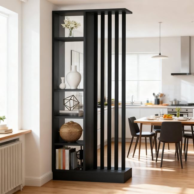 Room Divider with Shelves, Entrance Hall Partition Screen Column Floor to Ceiling - Room Divider with Storage Shelf, Easy Assembly Freestanding Decor for Bedroom, Office (Black + Gray, 80cm / 31.5in)
