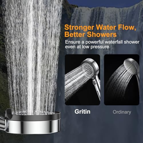 Gritin Duschkopf mit Filter, Hochdruck Handbrause Wassersparend, 5 Strahlarten, Verchromte Duschbrause mit One-Touch Wasserstopp-Taste, Werkzeuglose Installation, Ideal für Hartes Wasser