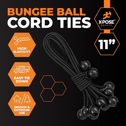 Image of Xpose Safety Bungee Ball Cords 11 inch 100 Pack Heavy Duty Black Stretch Rope with Ball Ties for Canopies, Tarps, Walls, Cable Organization