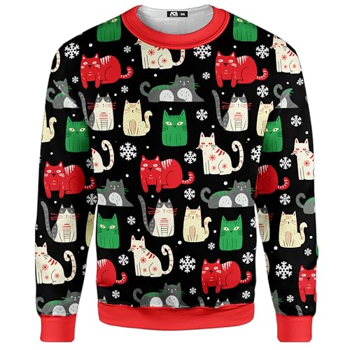 Cat Christmas Colorful Sweatshirt Xmas Holiday Cat Cute Polyester Sweatshirts for Men Women Crewneck Sweatshirt