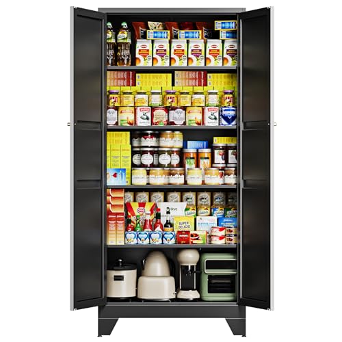 Image of Letaya 75 inch H Metal Storage Cabinet with 2 Doors and 4 Shelves,Tall Kitchen Pantry Cabinets,Farmhouse Utility Pantry Organizers for Cupboard /Dining /Bathroom /Home Office /Garage Room,Black