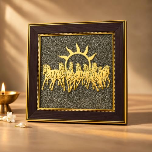 Image of 7 Horses on Raw Pyrite Frame, Vastu Wall Decor for Money & Success