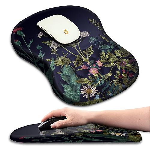 Ergonomic Mouse Pad with Wrist Rest Support, Massage Design Relief for Carpal Tunnel Pain, Entire Memory Foam Non-Slip, Midnight Flowers