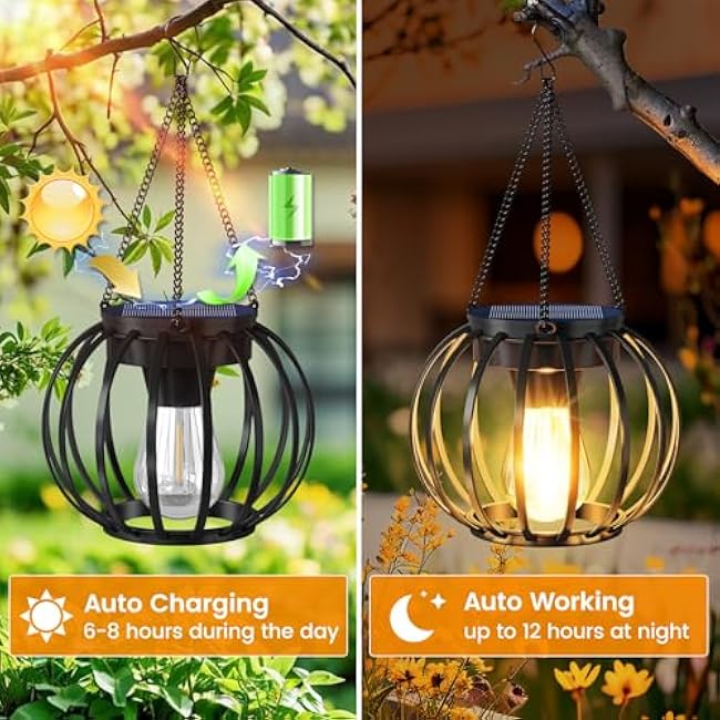 Solar Lanterns Outdoor Waterproof 4 Pack, Upgraded Metal Hanging Solar Lights for Outside with Auto On/Off & Hook - Brighter Hanging Outdoor Lanterns Decorative Lighting for Garden Patio Yard