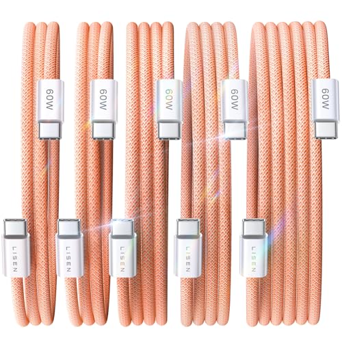 Image of LISEN USB C Cable, 5-Pack [3.3 /3.3 /6.6 /6.6 /10FT] Orange for iPhone 17 Charger Cord, 60W C to C Cable Fast Charging for iPad, iPhone 17 Air 16 15 Pro Max, Samsung Z Flip 7 /S25 /S24