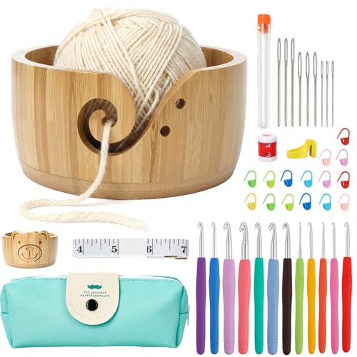 Image of Wooden Yarn Bowl Set, 6.7in x 4.1in Large Yarn Bowl for Crocheting, Complete Crochet Accessories Kit with 12 Size Crochet Hooks, Tape Measure, Counter, Scissors & Storage Bag