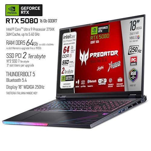 Predator Helios 18 Ai Portatile Gaming Portatili, Intel Ultra 9-275X, RAM 64 Gb DDR5 SSD 2TB (2x1Tb), Display 18" WQXGA 250Hz MINILED, GeForce RTX 5080 16Gb GDDR7, WI-FI 7, Win 11, Ready to use - Notebook - Immagine 2