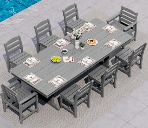 Image of SERWALL 9 Piece 84 inch HDPE Outdoor Dining Set with 6 Armless Chairs, 2 Armchairs and Umbrella Hole for 8, Gray