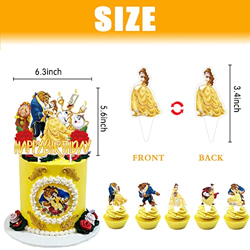 25 Pcs Princess Belle Party Cake Decorations Double Sided Beauty Beast Birthday Cupcake Toppers For Kids Birthday Party Supplies #TOP2