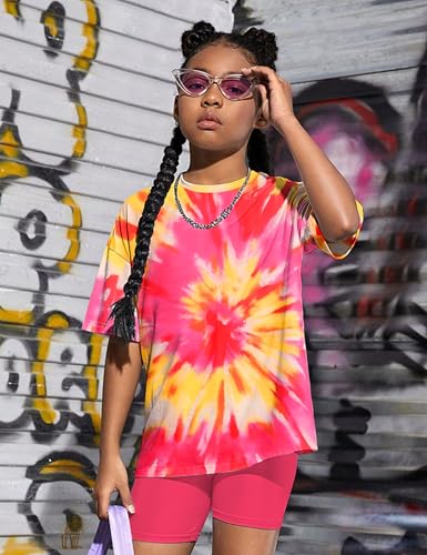 Image of Teen Girls Clothes 2 Piece Colored Tie Dyer Girls Summer Outfits Short Sleeve Fashion Printed T-Shirt and Pants
