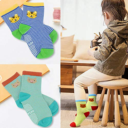 Image of Tphon 12 Pairs Toddler Non Skid Socks with Grips Anti Slip Bottom, Cotton Non Slip Ankle Crew Socks for Boys, Girls, Kids(1-7Years)