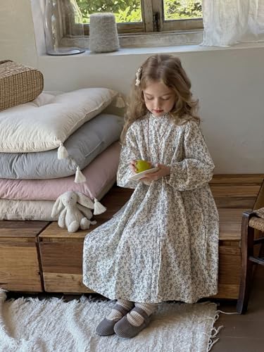 Vintage Floral Cotton Dress, Long Sleeve, High Neck, White and Blue Pattern, with Pleated Details4