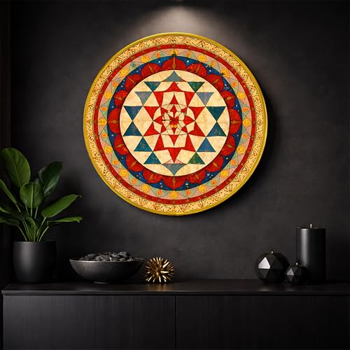 Image of Sri Yantra Mandala Vastu Round Framed Wall Art Painting For Living Room, Geometry Spiritual Wall Art Painting With Frame for Home, Meditation Room & Office, 16 Inch