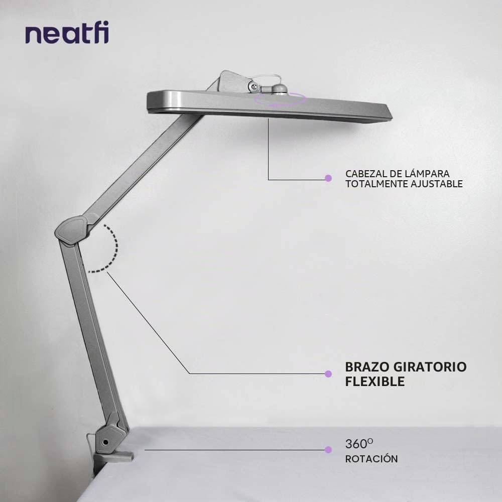 Neatfi Lámpara de Trabajo – 30W, Pantalla de 56 cm de Ancho, 4 Niveles de Brillo, Lámpara LED para Mesa de Manicura, Manualidades y Oficina (Plata, No-CCT con Abrazadera)