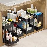 Sevenblue 4 Pack Under Sink Organizer, Bathroom Organizers and Storage, 2 Tier Multi-Use Pull Out Cabinet Organizer with Hang Hooks and Cups (Black, 4 Pack)