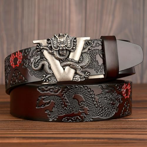 Ratchet Embossed Cowhide Belt with V-Dragon Slide Automatic Silver Buckle,Engraved Dragon Pattern Western Waist Strap3