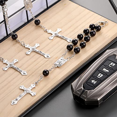 4 Pieces Auto Rosary for Rearview Mirror Pearl Glass Beads Catholic Bracelet Rosary Beads Catholic for Woman Men Car Rosary with Cross Crucifix Rosary Necklace Hanging Accessories (Black Beads)4