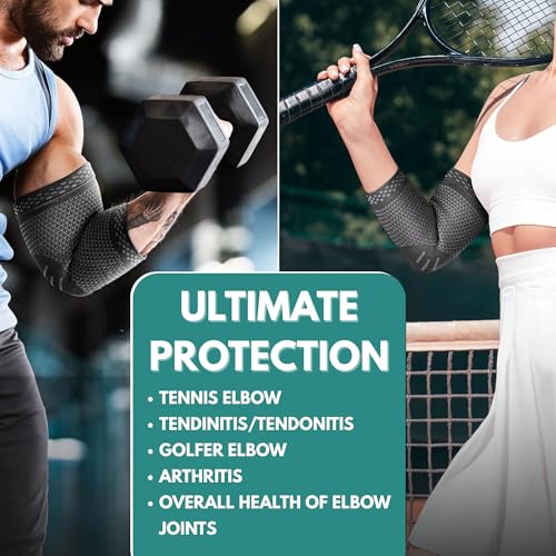 Image of WELLESA Elbow Support Sleeve for Men & Women | Compression Brace for Pain Relief, Stability & Injury Recovery | Ideal for Sports, Gym, Running & Workouts | Pack of 2 (Black & Grey) (S)