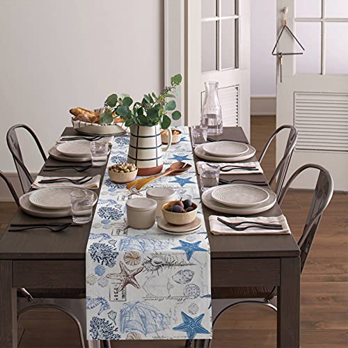 Beach Coastal Nautical Table Runner 36 Inches Small Cotton Linen Tablerunner Dresser Scarves,Undersea Shell Starfish Coral Hippocampus Boat Burlap Runner Nautical Decor for Dinner/Coffee/Party/Wedding - Image 5