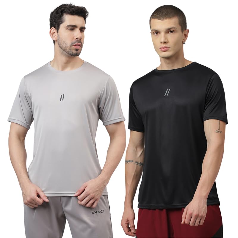 Image of ATICX Slim Fit Polyester Sports T-Shirt for Men - Round Neck Quick Dry Fit Half Sleeve Breathable Stylish Gym & Workout Tee - Lightweight Running Cycling Football Swimming Training Sportswear Top