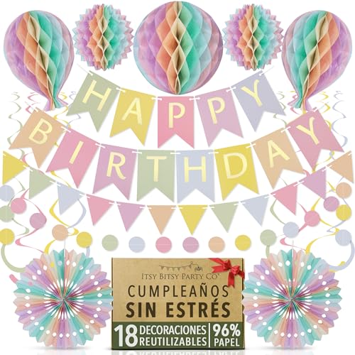 Reutilizável Kit decoração de aniversário de cores pastel - bandeira multicolorida, bandeiras, pompões, guirlandes, decoração de aniversário menina mulher, 18 peças por Itsy Bitsy Party Co.