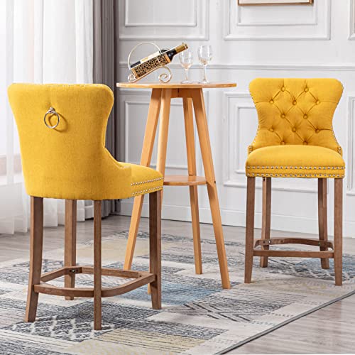 Vescasa Linen 27" H Counter Height Bar Stools Set Of 2 With Tufted Back, Modern Nailhead Trim Upholstered Barstools With Pull Ring, Armless Kitchen Stool With Wood Frame For Kitchen/ Bar, Yellow #TOP15