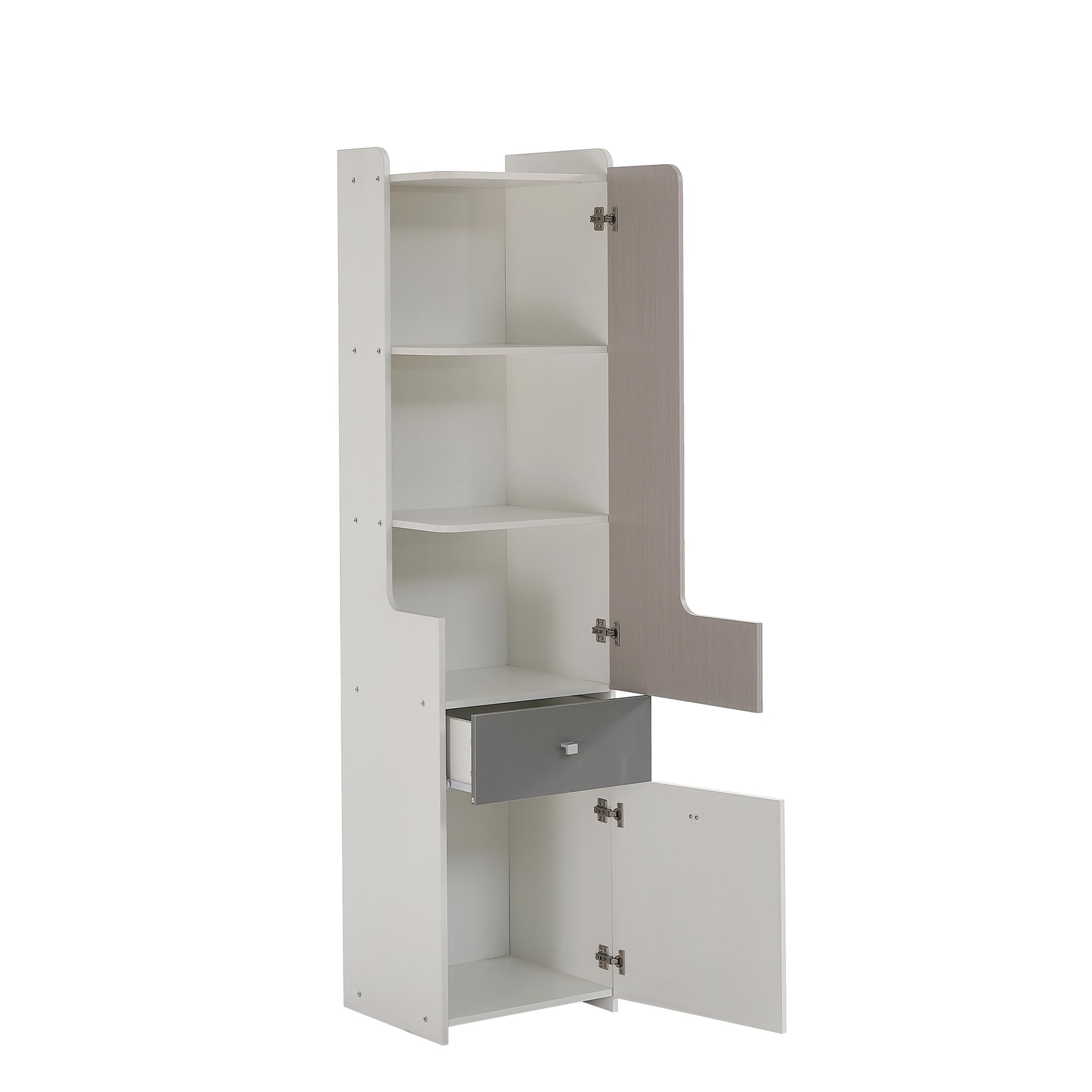 Idemon Libreria alta per adolescenti con porta a forma di L, con cassetto, porte con cerniere, con bottoni quadrati in metallo, MDF, bianco + olmo chiaro + grigio